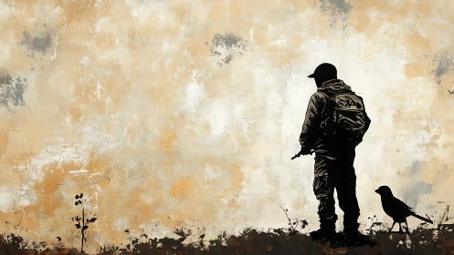 Silhouetted soldier and crow on textured ochre wall.
