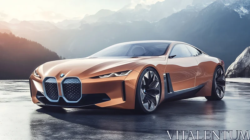 Copper comet coupe hums across frost-bright mountain silence