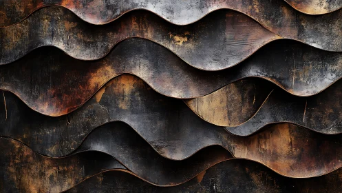 Layered metallic wave relief with distressed patina finish.