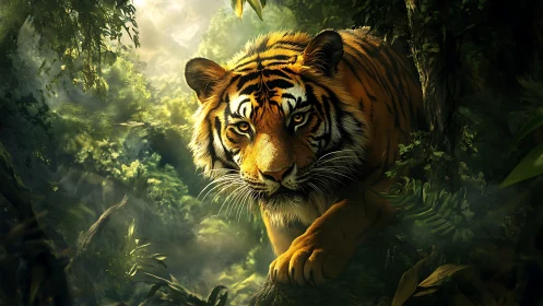 Predatory tiger advancing through mist-laced jungle gloom.
