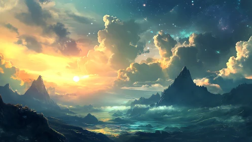 Celestial sunrise over mythic mountains and dreamlit sea.