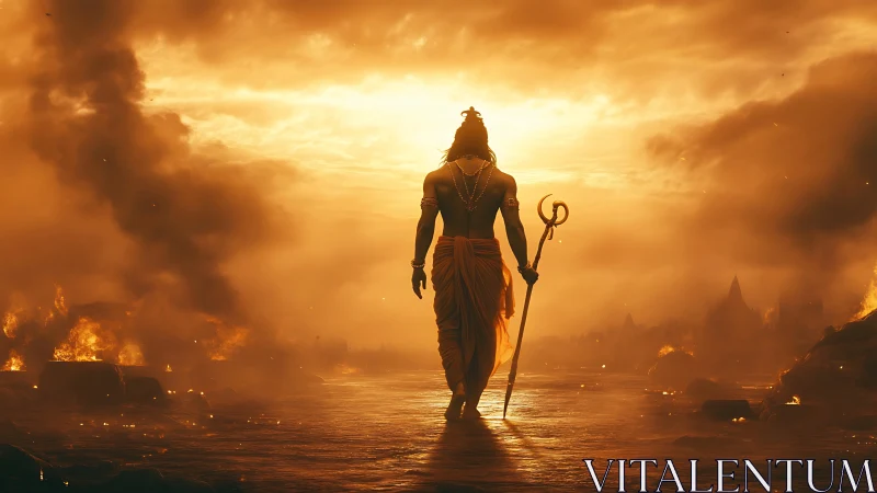 Divine warrior silhouettes against burning horizon sky