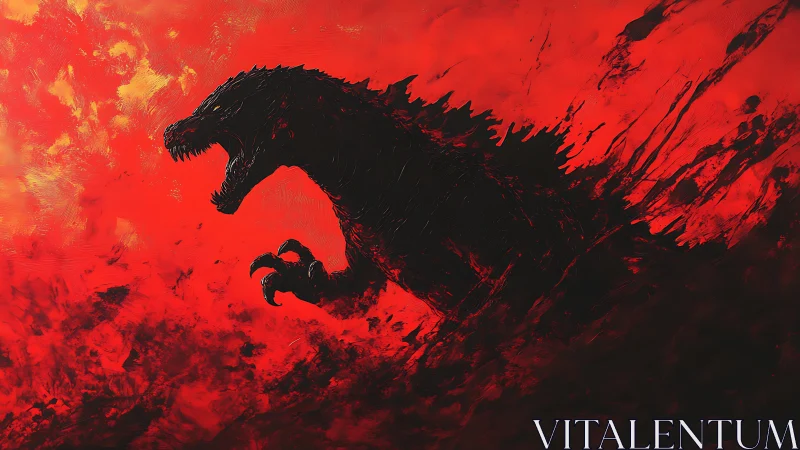 Infernal Kaiju Silhouette Roaring Through a Bloodred Sky.