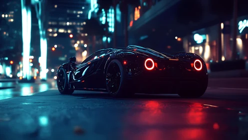 Midnight supercar glows against neon lit urban street