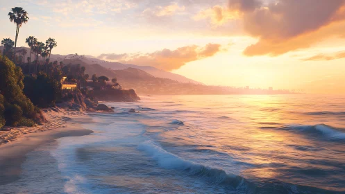 Golden coastal sunset washing the shore in soft light.