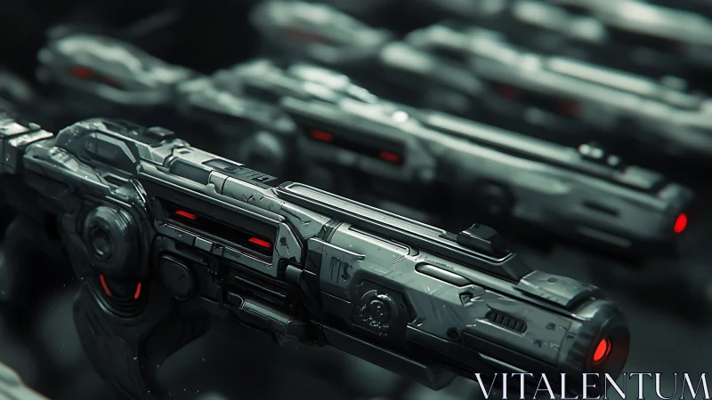 Futuristic plasma rifles in precision-engineered assembly line