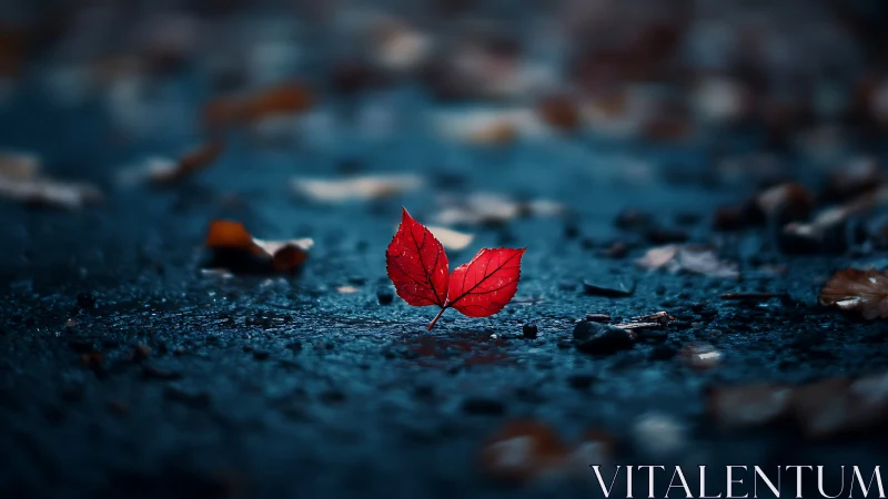 Photorealistic macro of scarlet leaf on wet pavement focus.