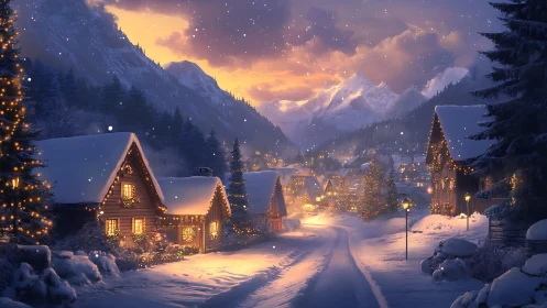 Snowy alpine village glows under warm twilight sky
