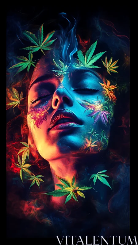 Neon-lit female visage merges with cannabis leaves in vaporous aura