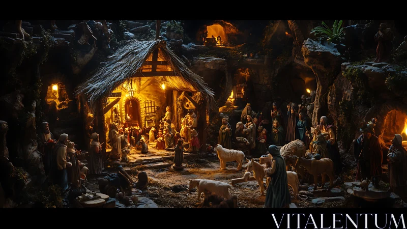 Illuminated nativity grotto diorama with dense figurine array.