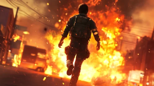 Tactical operative advancing through urban conflagration.