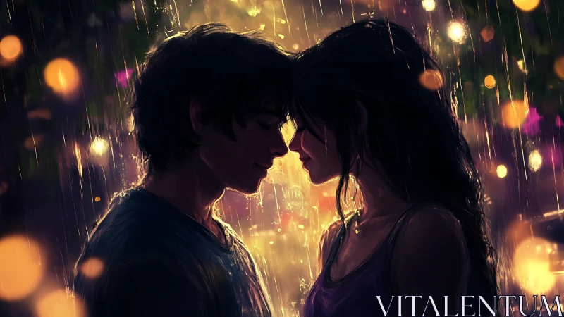 Silhouetted figures embrace amid golden rain and luminous bokeh.