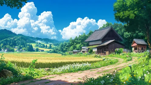 Summer-lit Japanese farmhouse beside golden rice paddies