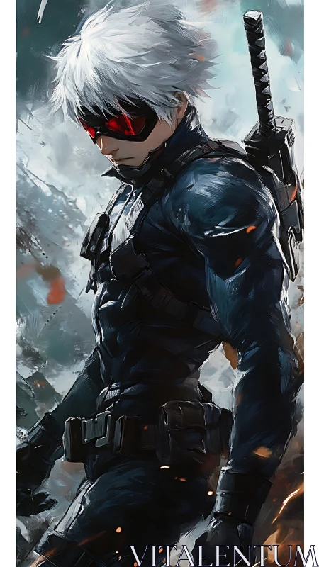 Silver phantom operative stalks through stormlit battlefield.