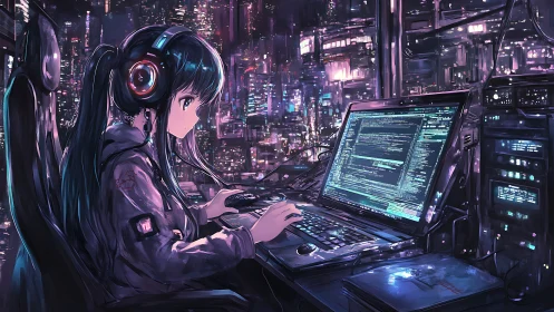 Nocturnal cybernetics coder in neon-saturated skyline lab.