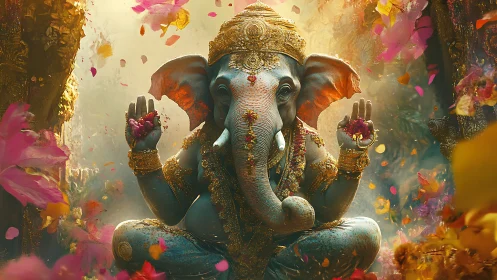 Elephant-headed deity statue sits centered amid falling petals