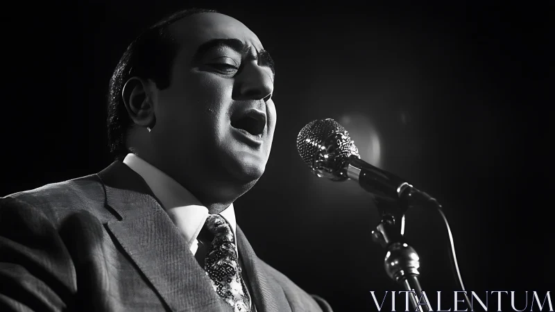 Vintage crooner sings into chrome microphone onstage