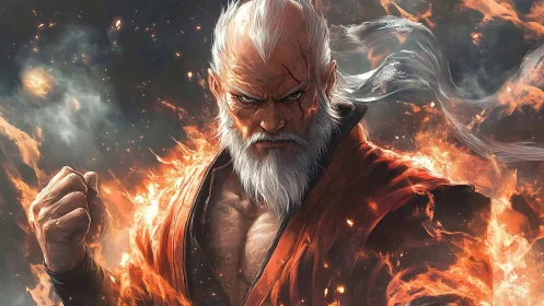 Elder martial artist enveloped in dynamic, high-energy flame effects
