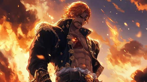 Battle-worn anime warrior amid burning sky and flames.