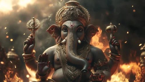 Detailed Ganesha deity statue before flames and smoke.