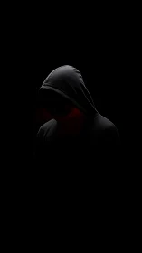 Hooded silhouette sinks into deep black negative space