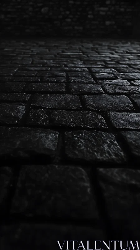 Midnight cobblestone hush under a restless unseen sky.