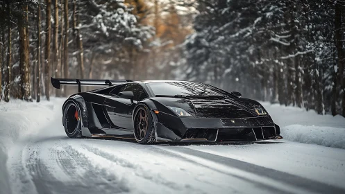 Aerodynamic black supercar negotiating snowbound forest road.