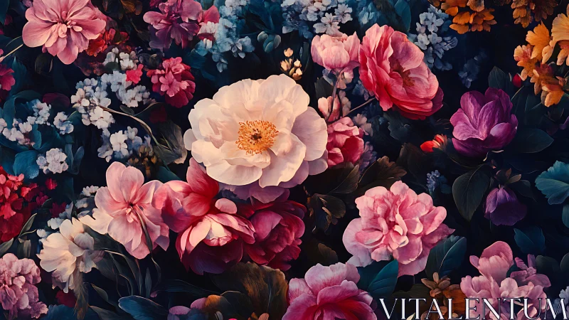 Layered Florals: Peonies and Roses in Dark Garden.