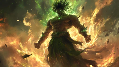 Elemental warlord emerging from bifurcated flame vortex field.