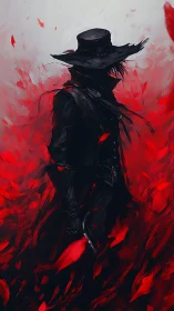 Silhouetted figure in black coat amid red abstract field.