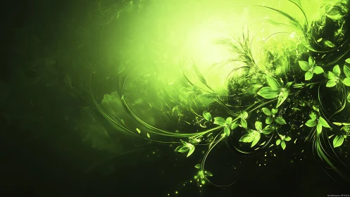 Luminous green floral abstraction occupies a dark gradient field