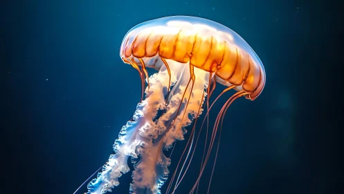 Luminous jellyfish drifts through deep blue ocean waters.