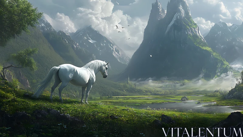 White horse surveys misty alpine valley with sharp spire peaks