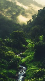 Photorealistic misty rainforest valley with winding streamscape.