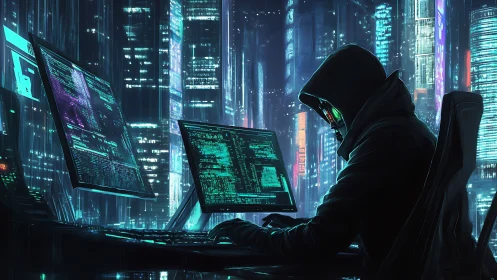 Cyberpunk hacker at multi-screen workstation in neon city.