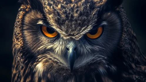Intense Close-Up Portrait of Owl with Piercing Amber Eyes.