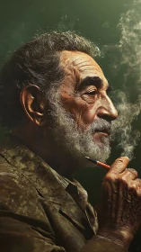 Weathered thinker exhales quiet stories into curling smoke