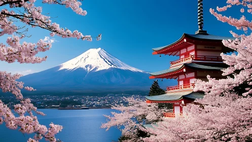 Springtime Mount Fuji with pagoda framed by cherry blossoms.