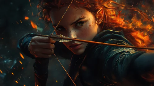 Fiery archer in cinematic close-up amid flying embers.