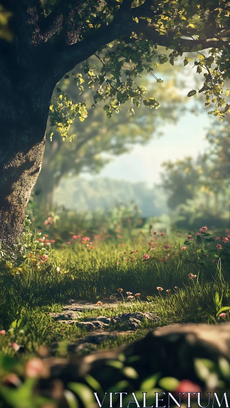 Tree archway frames meadow with wildflowers and distant landscape