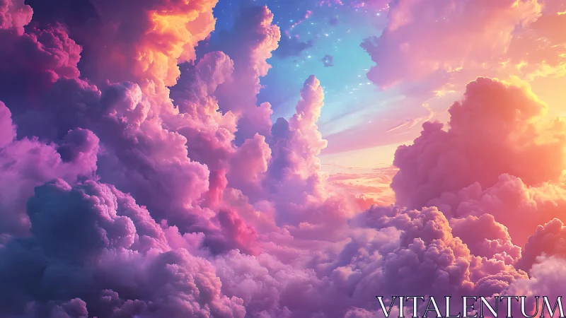Iridescent volumetric clouds merge in a hyper-saturated sky