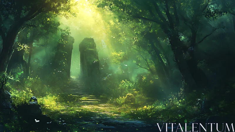 Overgrown architectural passage with light filtering through dense vegetation canopy