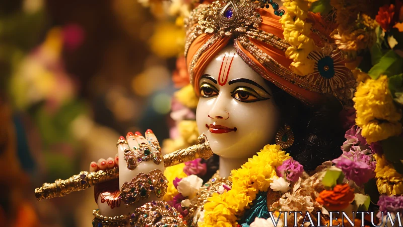 Krishna deity statue with jeweled flute amid vivid garlands.