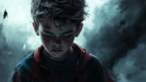 Somber young boy stands amid swirling storm-torn shadows