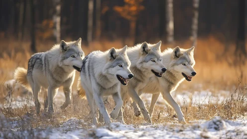 Four grey wolves advance in synchronised motion through winter grass