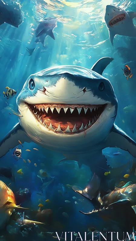 Smiling blue shark turns the deep sea into comic chaos