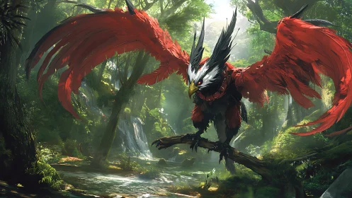 Majestic Red Griffin Perched in Lush Fantasy Forest, Digital Art.