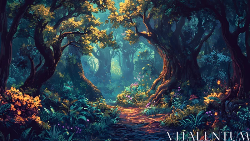 Luminescent Forest Corridor: Bioluminescent Canopy with Golden Foliage