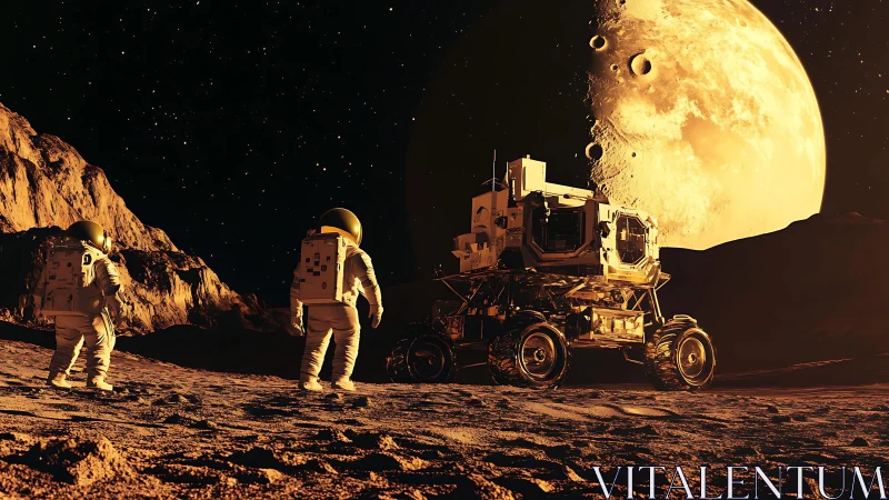 Astronauts survey a lunar rover under a looming golden moon