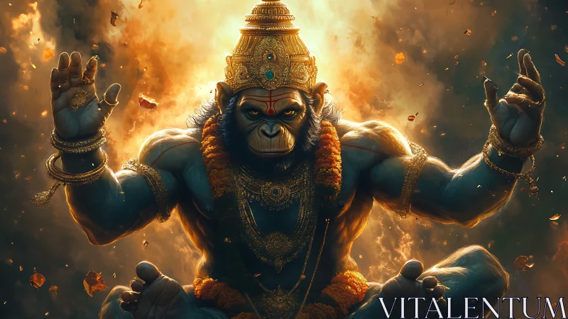 Powerful divine monkey deity in fiery golden setting.